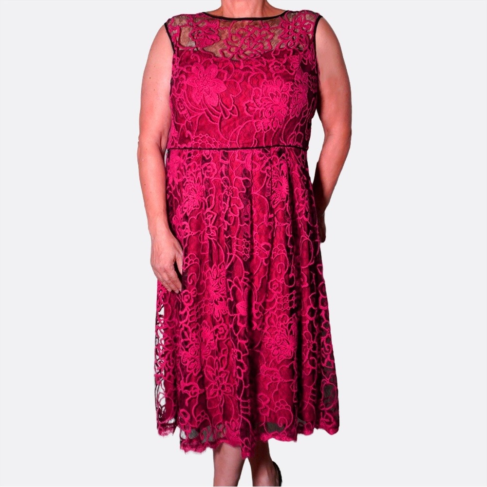 Adrianna Papell Magenta Corded Lace Midi Dress‎ Romantic Cocktail Plus 2X XXL